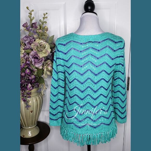 3/$25 Ruby Rd. Women's Turquoise and Royal Blue Chevron Fringe Sweater Medium - Picture 6 of 10